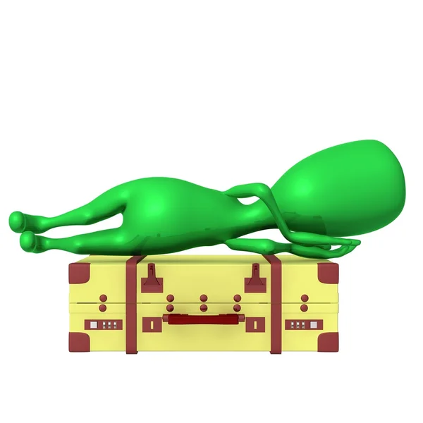 Weergave marionet slapen rustig op grote koffer — Stockfoto
