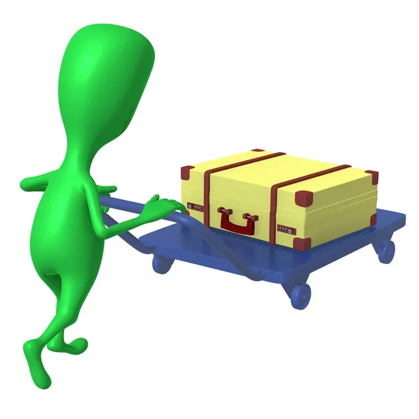Grüne Puppe Schubkarren mit Koffer — Stockfoto