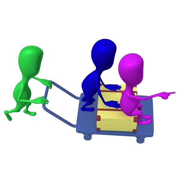 Bekijk vrienden van groene marionet rit op trolley koffer — Stockfoto
