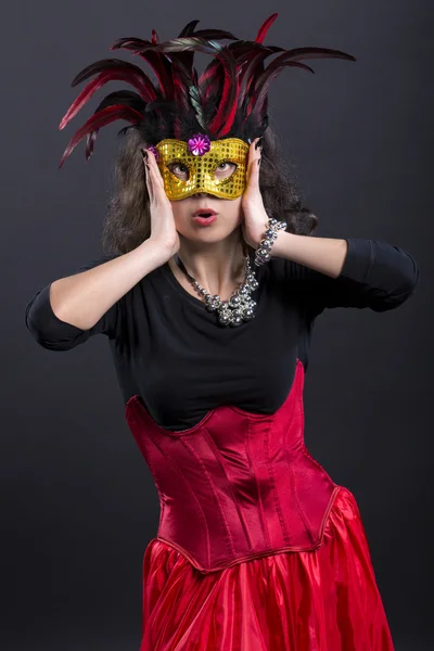 Young romany woman wonder on carnaval with mask — Stock Photo, Image