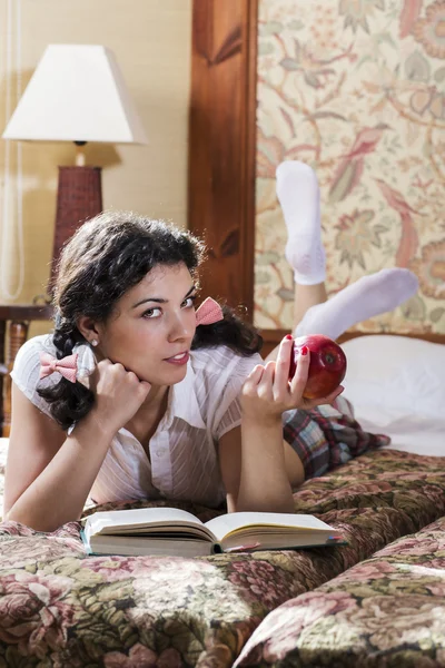 Woman in schoolgirl dress dream about date — Stock Photo, Image