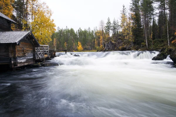 Flödande flod flöde och äldre arbetslösa vattenkvarn — Stockfoto