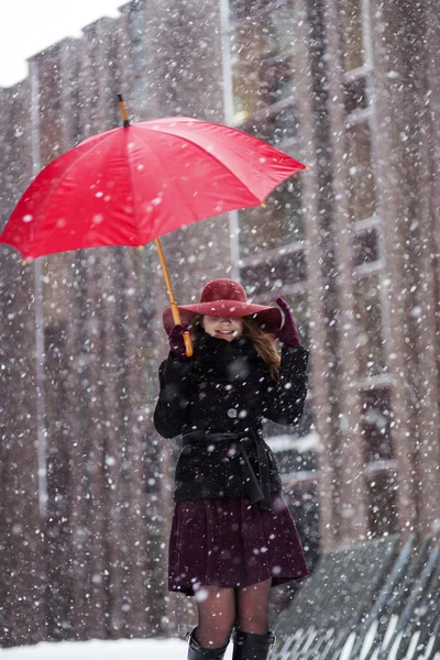 Woman with umbrella try hide from snowfall — Stock Photo, Image