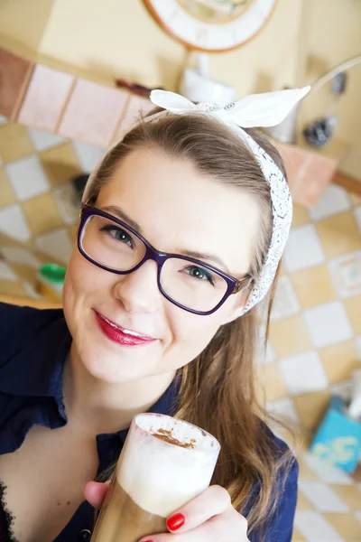 Woman at sexy suit make tasted foam — Stock Photo, Image