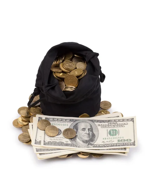 Bag of gold coins and dollars — Stock Photo, Image