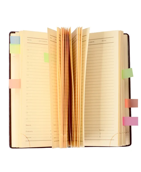 Open diary with stickers — Stock Photo, Image