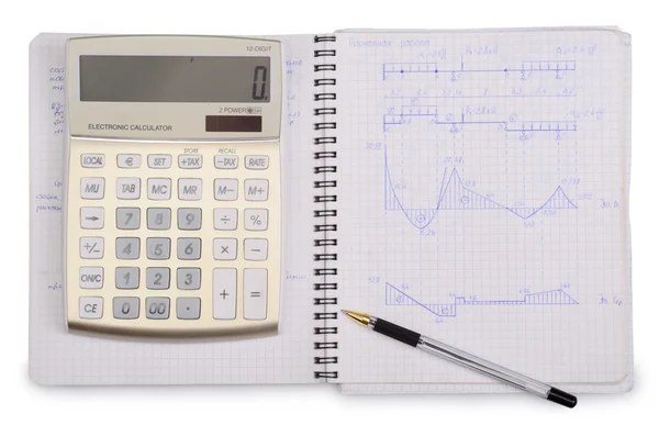 Notatnik z kalkulatorem i długopisem — Zdjęcie stockowe