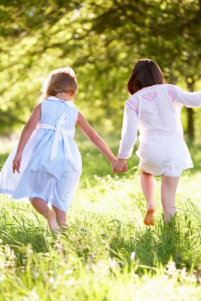 Zwei junge Mädchen spazieren gemeinsam durch Sommerfeld — Stockfoto