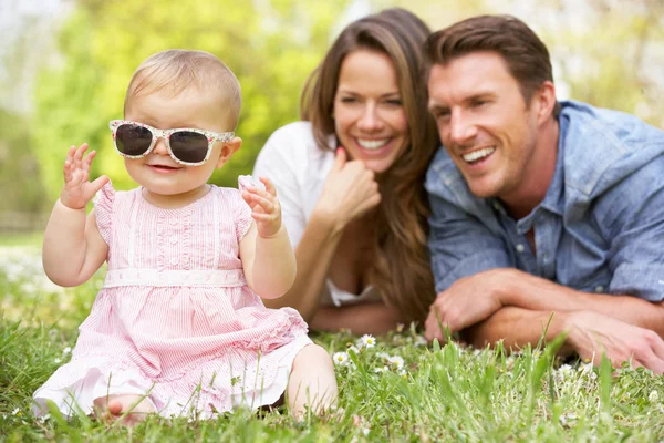 Padres con niña sentados en el campo de flores de verano —  Fotos de Stock