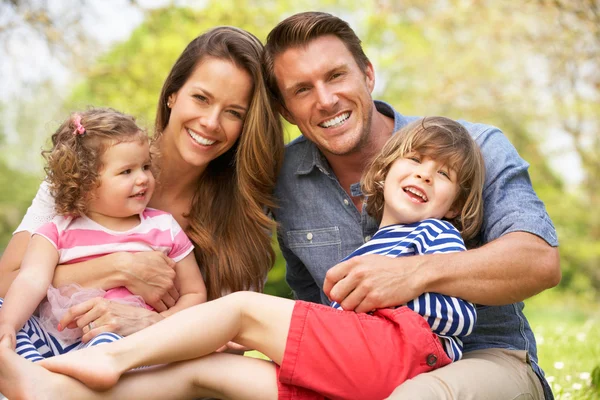 Eltern sitzen mit Kindern im Sommerblumenfeld — Stockfoto