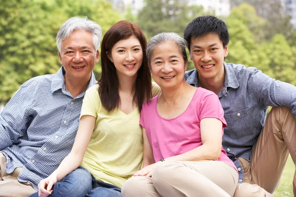 Retrato de pais chineses com crianças adultas relaxando no parque — Fotografia de Stock