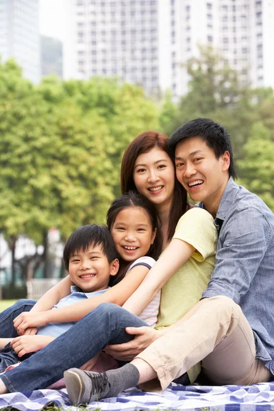 Unga kinesiska familjen koppla av i parken tillsammans — Stockfoto