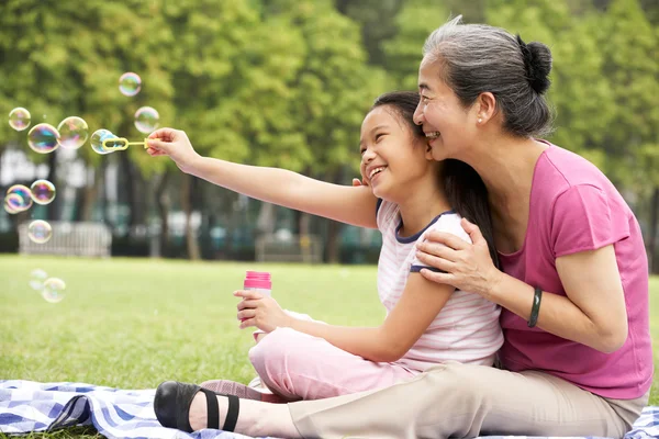 Chinesische Großmutter mit Enkelin im Park bläst Blasen — Stockfoto