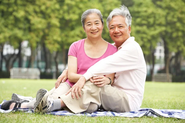 Старшая китайская пара отдыхает в парке вместе — стоковое фото