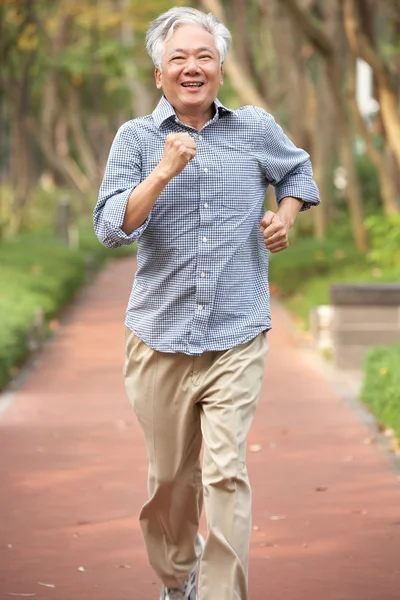 高级中国籍男子在公园慢跑 — 图库照片