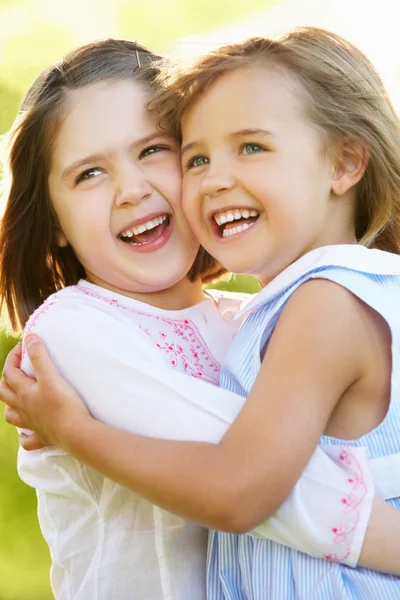 Two Young Girls Giving One Another Hug In Summer Field Stock Picture