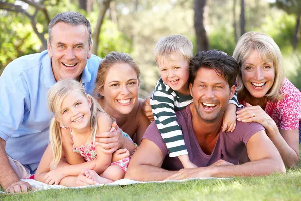Uitgebreide familie groep ontspannen in park samen — Stockfoto