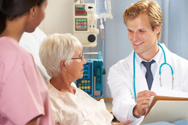 Arzt mit Krankenschwester im Gespräch mit Seniorin im Bett — Stockfoto