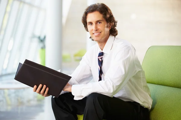 Πορτρέτο του επιχειρηματία που κάθεται στον καναπέ ανάγνωση έκθεσης — Φωτογραφία Αρχείου