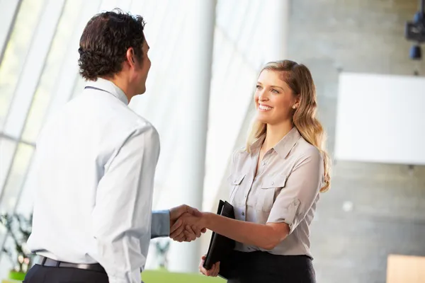 Businessman And Businesswoman Shaking Hands In Office — Stock Photo, Image