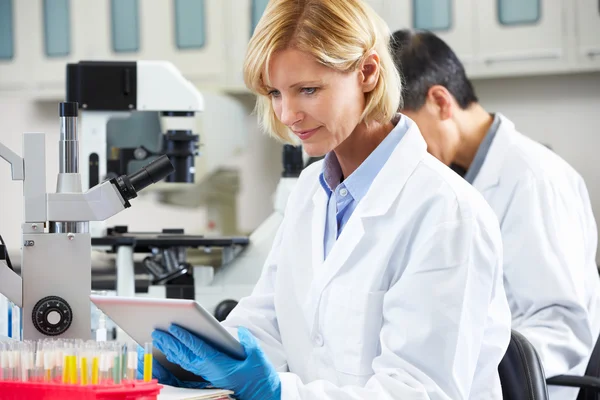 Cientista feminina usando computador tablet em laboratório — Fotografia de Stock