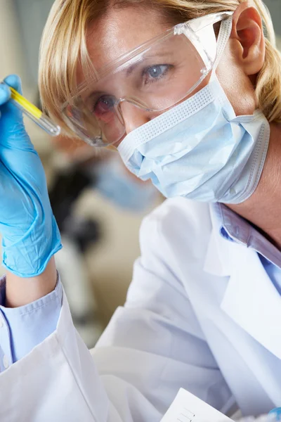 Cientista feminina estudando tubo de teste em laboratório — Fotografia de Stock
