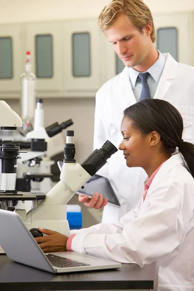 Ученые мужского и женского пола используют микроскопы в лаборатории — стоковое фото