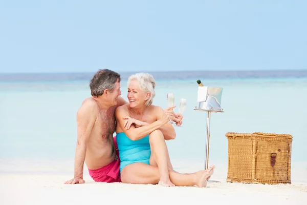 Pareja mayor en la playa con picnic de lujo con champán — Foto de Stock