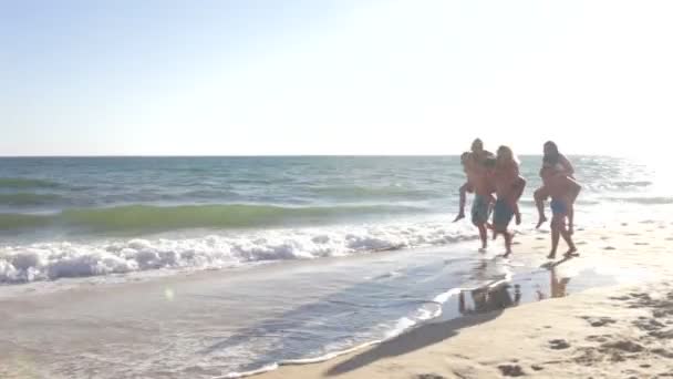 Teenage boys carrying girls along shore in piggyback race. — Stock Video