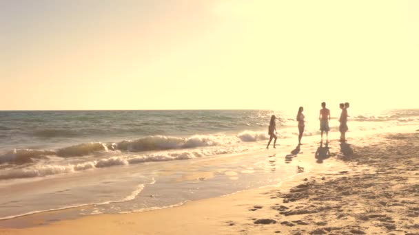 Gruppo di amici adolescenti che parlano e giocano nel surf . — Video Stock