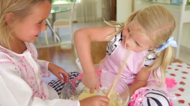 Dos chicas mezclando ingredientes en un tazón — Vídeo de stock