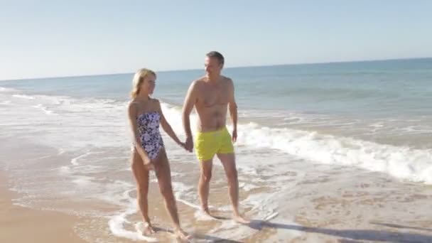 Couple sénior marche le long de la plage tenant la main . — Video