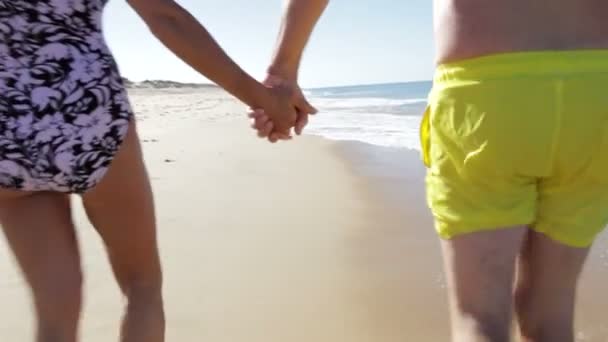 Äldre par stranden när de går längs anläggning händer. — Stockvideo