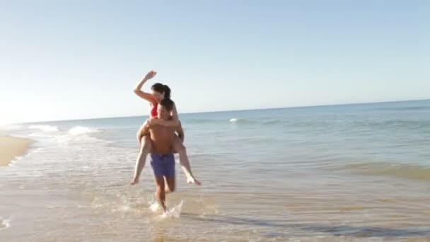 Man carries woman along shore on his back — Stock Video