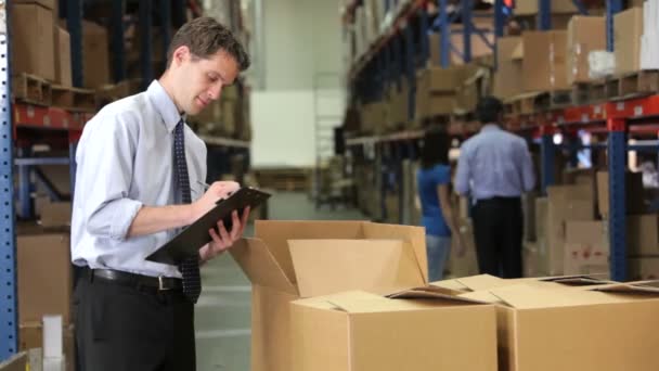 Manager checks consignment details on boxes against details on clipboard. — Stock Video