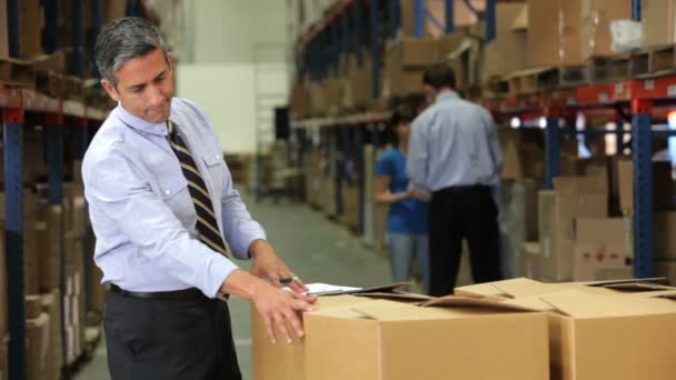 Gerente comprueba los detalles del envío en las cajas con los detalles en el portapapeles . — Vídeo de stock