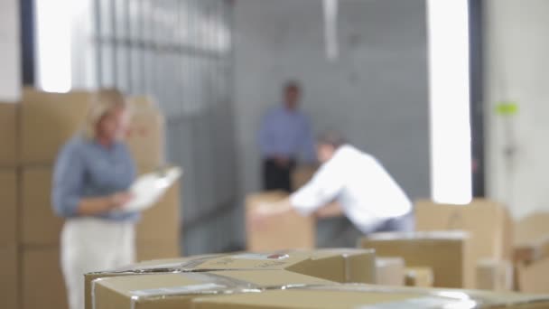 Trabalhadores que tomam caixas de correia transportadora como eles são verificados por mulher com prancheta . — Vídeo de Stock