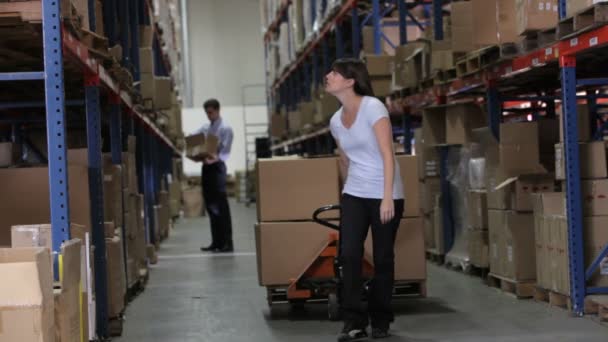 Female worker pulling pallet towards camera between shelves looking around. — Stock Video