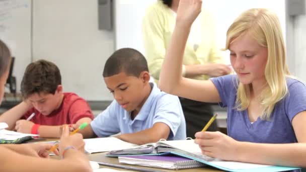 Schüler, der am Schreibtisch arbeitet, hebt die Hand, um Lehrerfrage zu stellen — Stockvideo