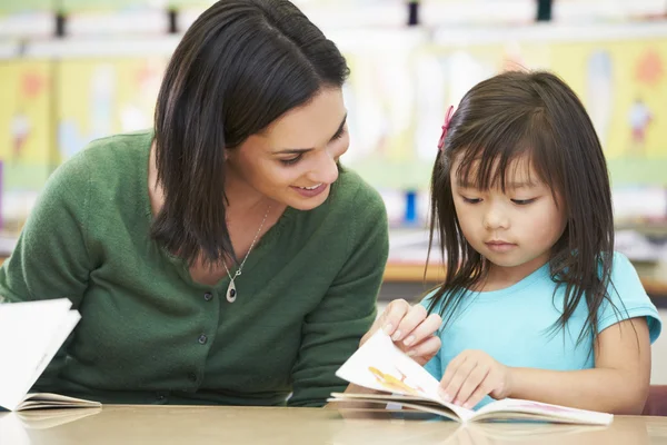 Grundschüler lesen mit Lehrer im Klassenzimmer — Stockfoto