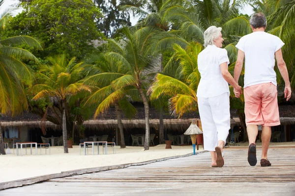 Vista trasera de pareja mayor caminando en jetty de madera —  Fotos de Stock