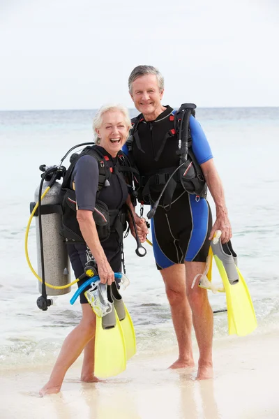 年长夫妇与水肺潜水设备享受假期 — 图库照片