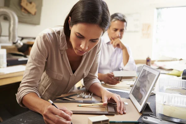 Two Architects Making Models In Office Using Digital Tablet — Stock Photo, Image