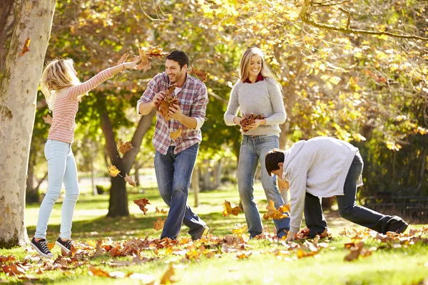 Bakifrån av familjen gå genom hösten skogsmark — Stockfoto