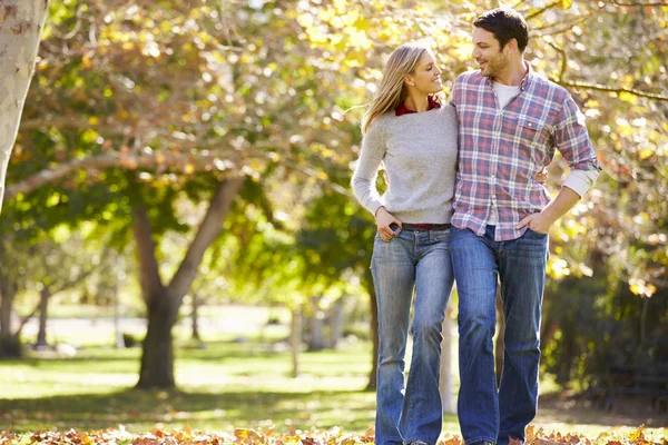 Coppia romantica che cammina attraverso il bosco d'autunno — Foto Stock