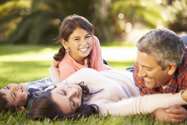 Familjen ligger på gräset på landsbygden — Stockfoto