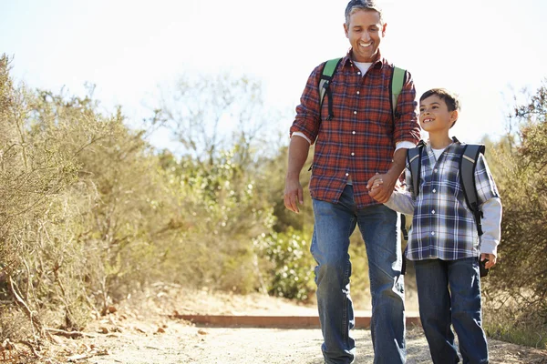 Padre e hijo senderismo en el campo con mochilas — Foto de Stock