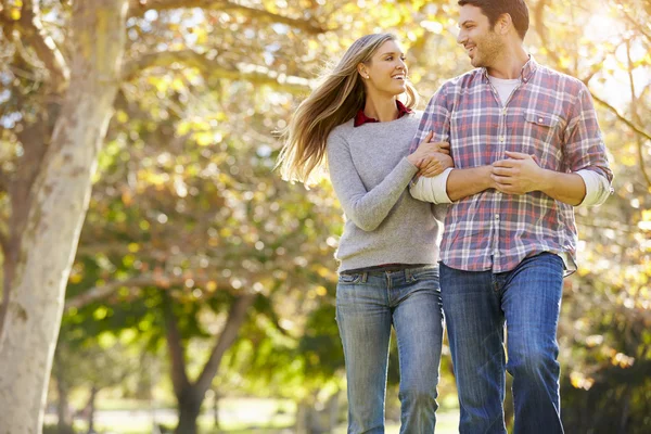 Romantisches Paar spaziert durch herbstlichen Wald — Stockfoto