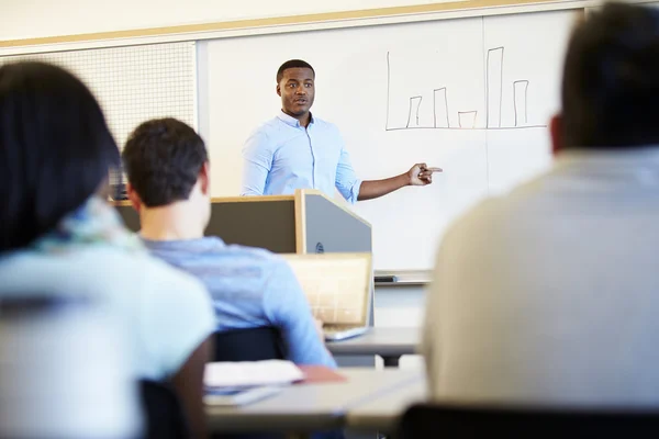 Mannelijke leraar lesgeven universitaire studenten in de klas — Stockfoto