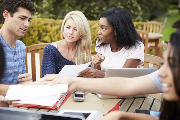 Groupe d'étudiants universitaires travaillant sur le projet en plein air — Photo